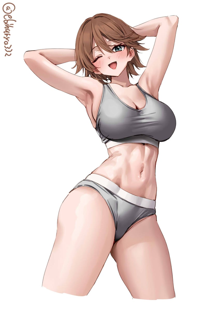 舰队Collection、比叡 (舰娘) 1名女孩 双手抱头 举起双手 作者名 脸红