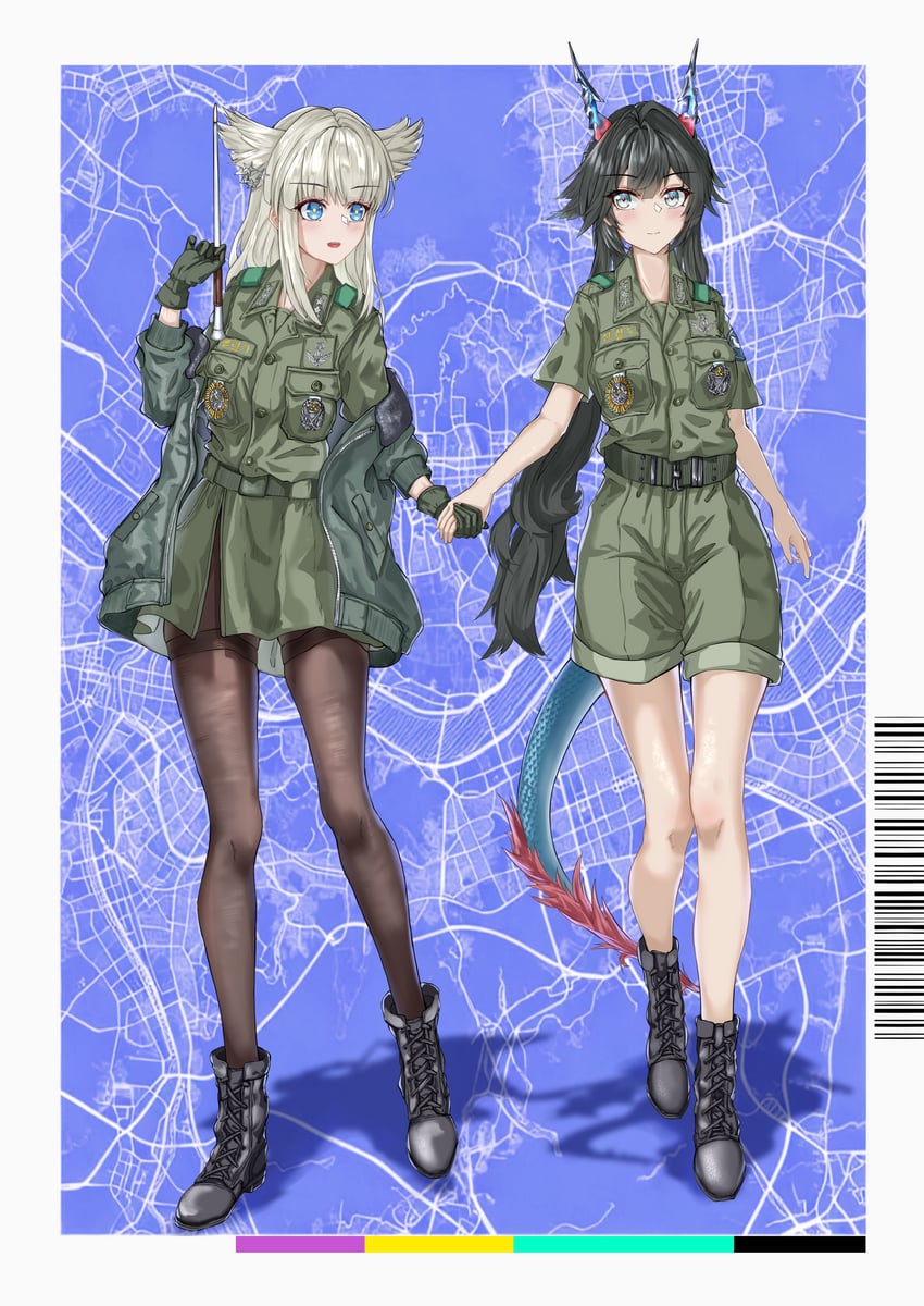 明日方舟、明日方舟：终末地、陈千语 (明日方舟) 2名女孩 黑色靴子 黑发 黑色连裤袜 金发