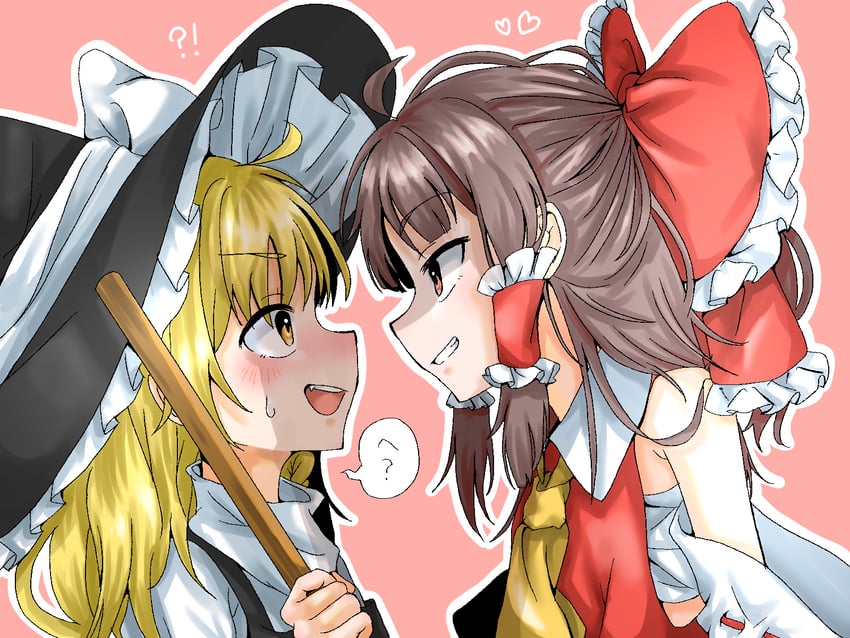 东方Project、博丽灵梦、雾雨魔理沙 !? 2名女孩 阿斯科特领巾 黑帽子 黑色马甲