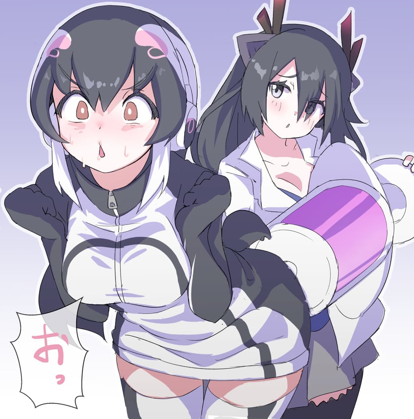 兽娘动物园、非洲企鹅 (兽娘动物园)、黑龙(兽娘动物园) 2名女孩 兽耳 黑发 蓝色背景 棕眼睛