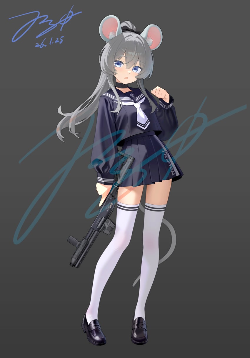原创 1名女孩 惊讶 兽耳 黑色蝴蝶结 黑鞋