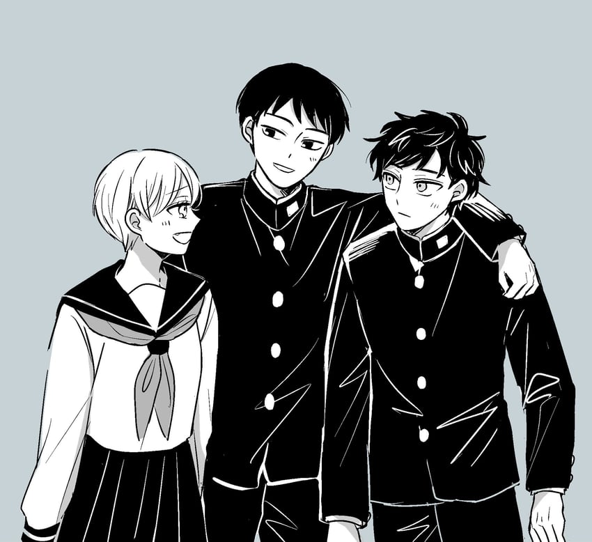 普通的轻音部、kawakami jun、水尾春一 搂肩 脸红 纽扣 学兰制服 灰色背景