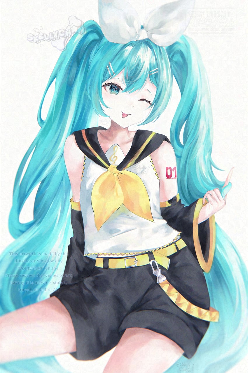 VOCALOID、初音未来、镜音铃 1名女孩 水色瞳 水色发 腰带 黑色短裤