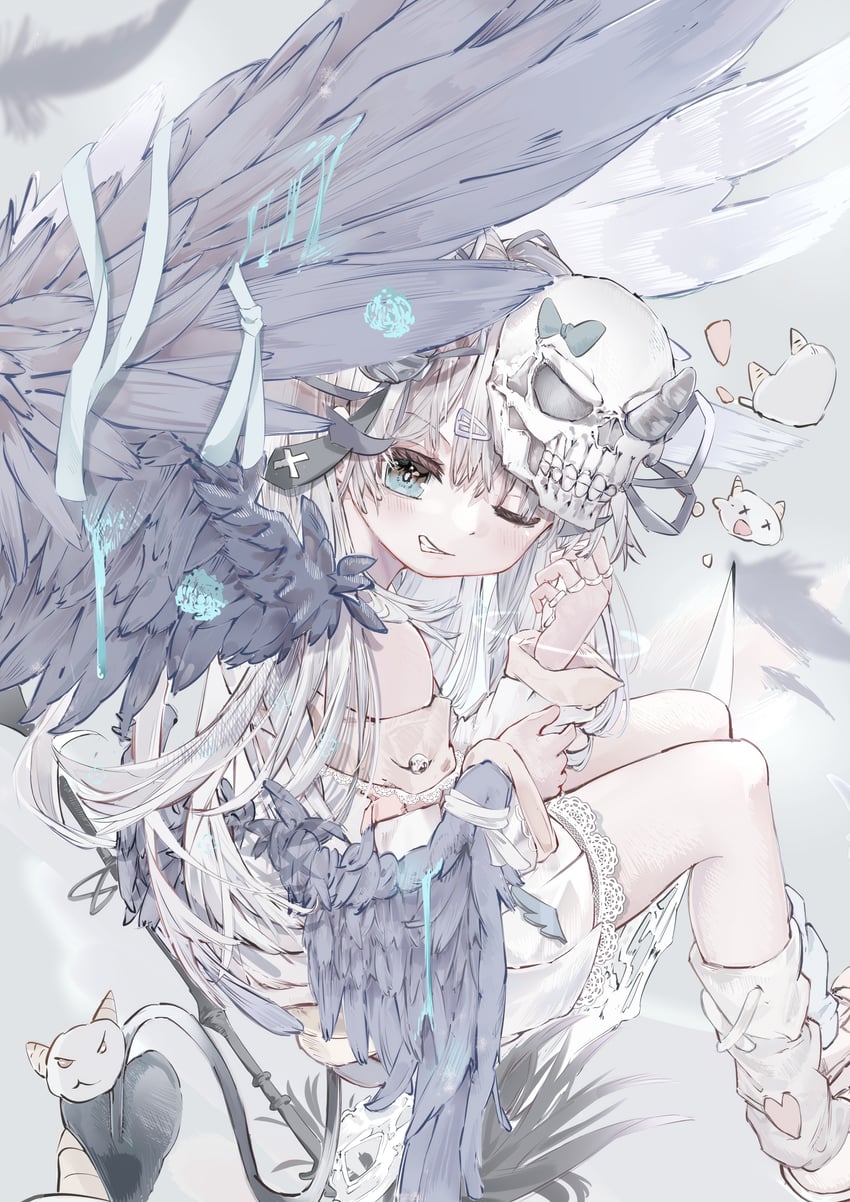 原创 1名女孩 恶魔尾巴 连衣裙 羽翼 漂浮