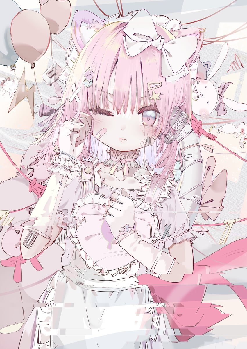 原创 1名女孩 围裙 气球 创可贴 脸上的创可贴