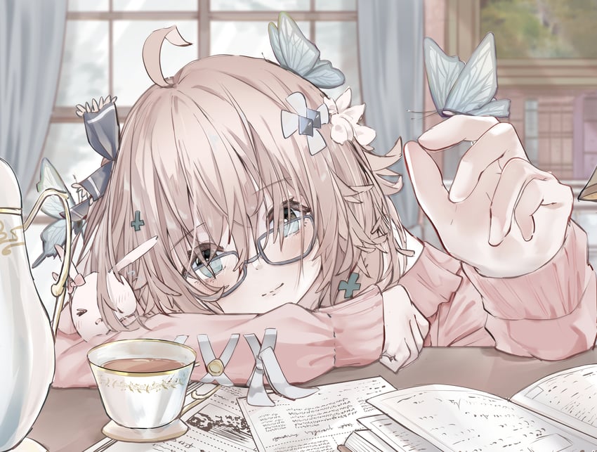 原创 1名女孩 靠在桌子上 呆毛 棕发 虫子
