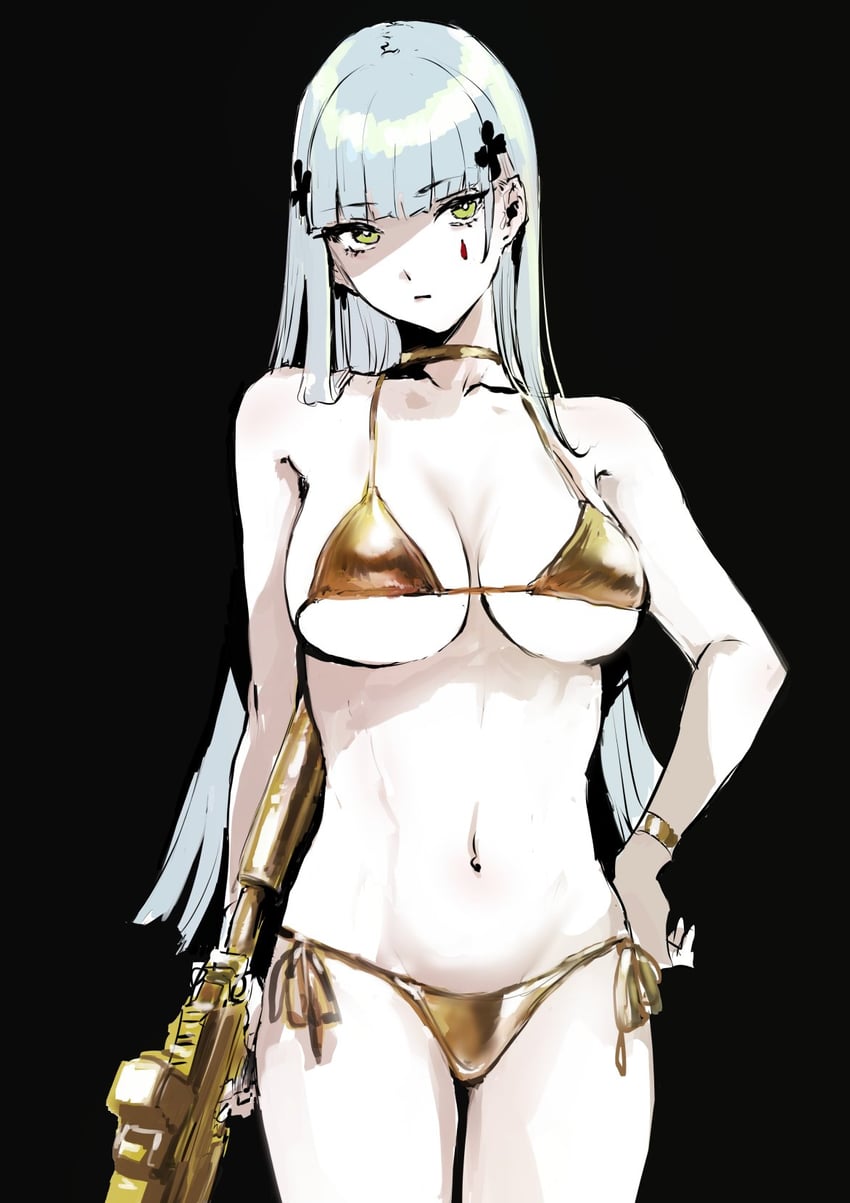 少女前线、HK416 (少女前线) 1名女孩 比基尼 黑色背景 乳房 脸部印记