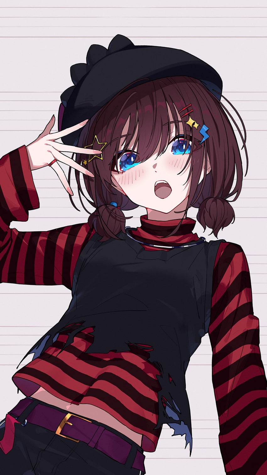 少女乐队的呐喊、井芹仁菜 1名女孩 腰带 黑帽子 黑色毛衣背心 蓝眼