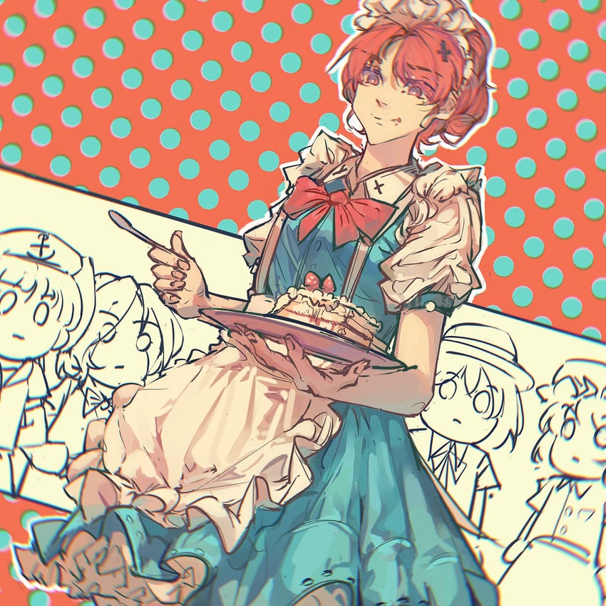 东方Project、东方Project (PC-98)、北白川千百合 5名女孩 锚点印花 围裙 蓝色连衣裙 蝴蝶结