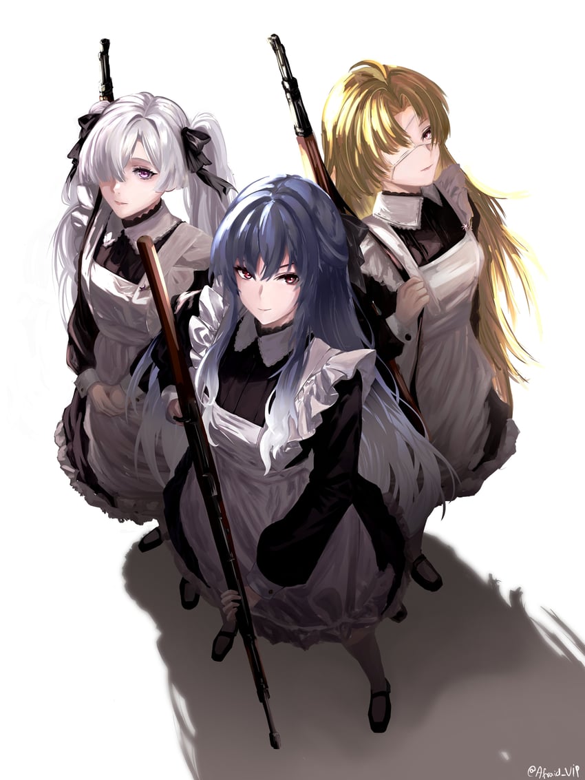 战双帕弥什、jagienka (pgr)、margaret (pgr) 3人女子 呆毛 围裙 黑色连衣裙 黑发