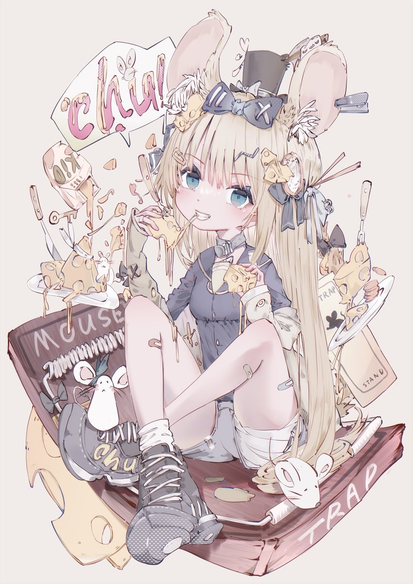 原创 1名女孩 兽耳 黑衬衫 黑鞋 金发