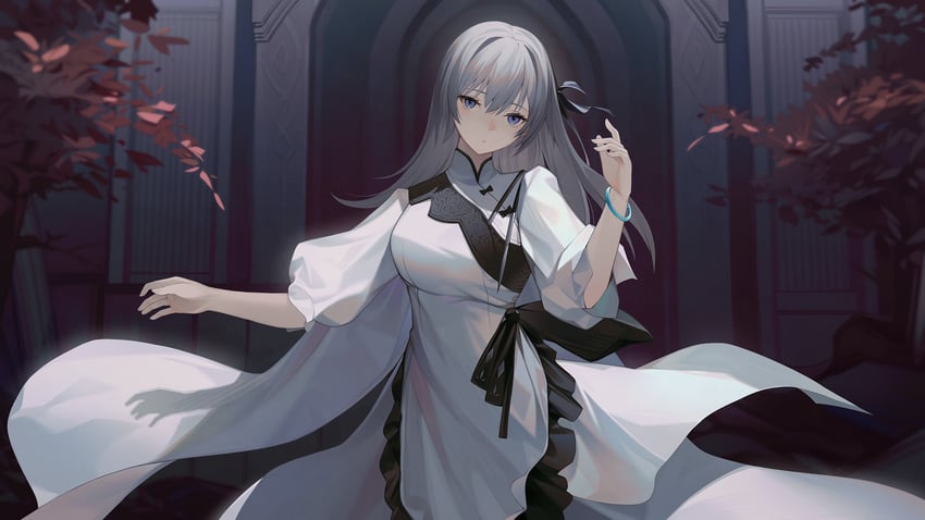 原创 1名女孩 黑色连衣裙 黑色丝带 蓝发 手链