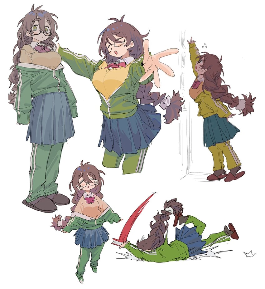 原创 蓝色裤子 蝴蝶结 蝶形领结 辫子 乳房