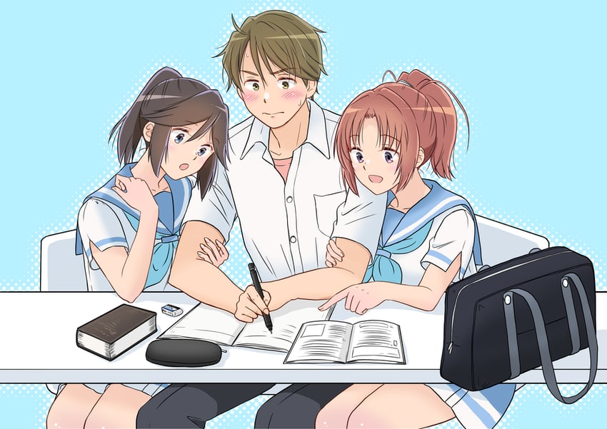 吹响吧！上低音号、伞木希美、中川夏纪 1名男孩 2名女孩 惊讶 水蓝色领巾 包