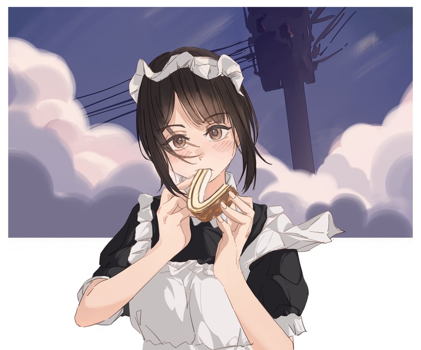 原创 1名女孩 围裙 蓝天 脸红 棕眼睛