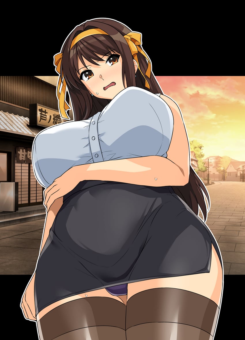 凉宫春日的消失、凉宫春日的忧郁、凉宫春日 1名女孩 发型长度变动 (更长) 手托胸 黑色裙子 乳房