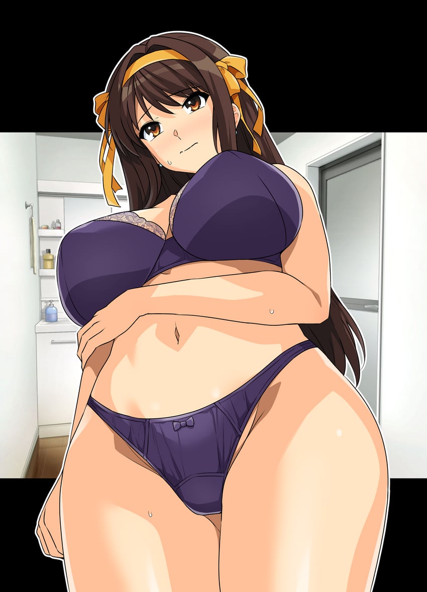凉宫春日的消失、凉宫春日的忧郁、凉宫春日 1名女孩 发型长度变动 (更长) 手托胸 胸罩 乳房