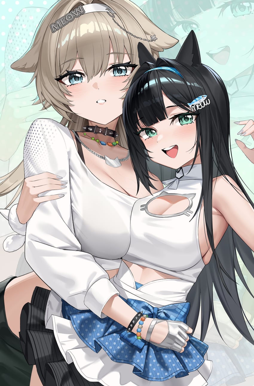 胜利女神：妮姬、薄荷 (妮姬)、普莉卡 (妮姬) 2名女孩 黑发 金发 蓝眼 蓝色发带