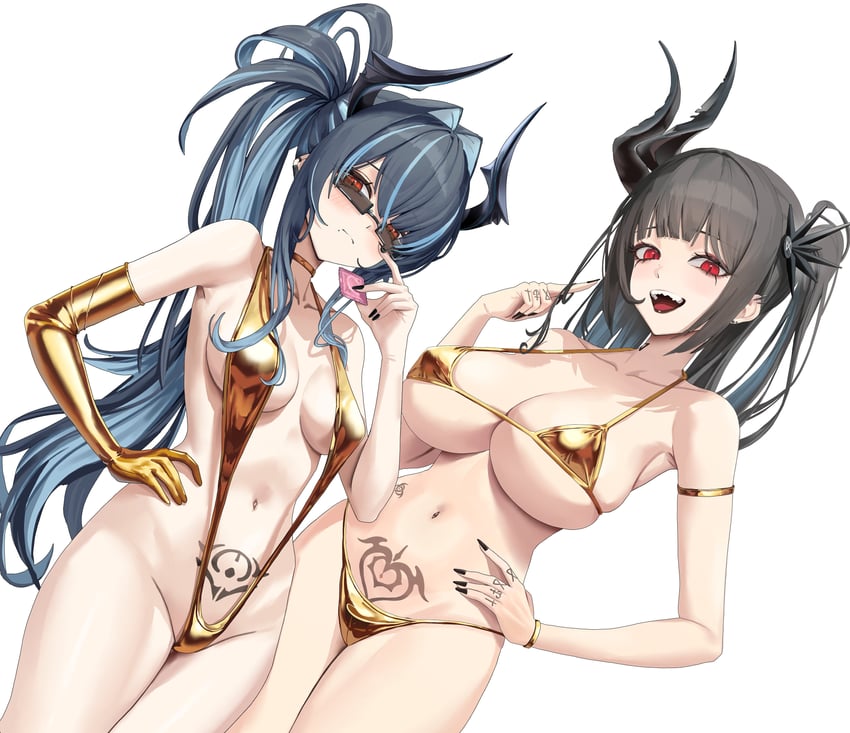 胜利女神：妮姬、巴哈姆特 (NIKKE)、贝希摩斯 (胜利女神：妮姬) 2名女孩 替换服装 比基尼 黑发 乳房