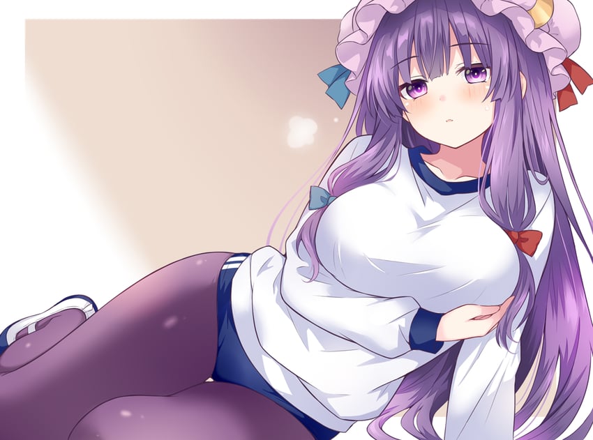 东方Project、帕秋莉·诺蕾姬 1名女孩 替换服装 手臂托在乳房下 蓝色蝴蝶结 蓝色布鲁玛