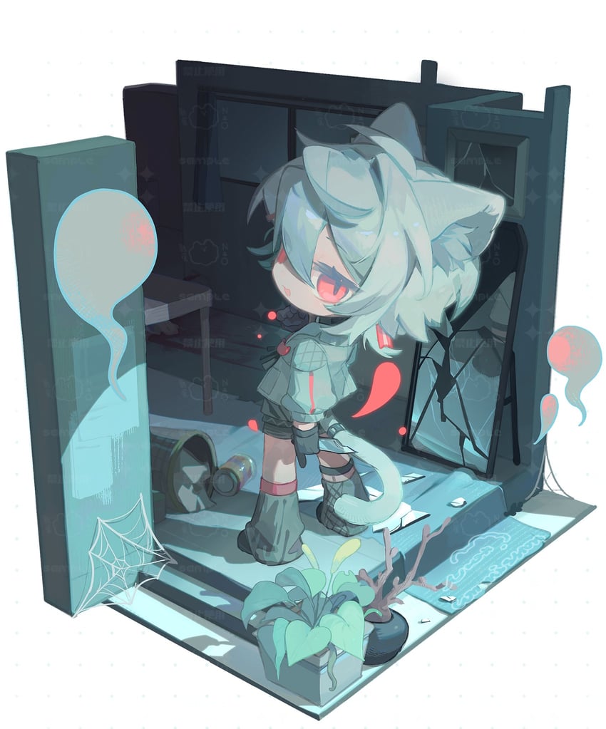 原创 1名男孩 兽耳毛 兽耳 长椅 黑色手套