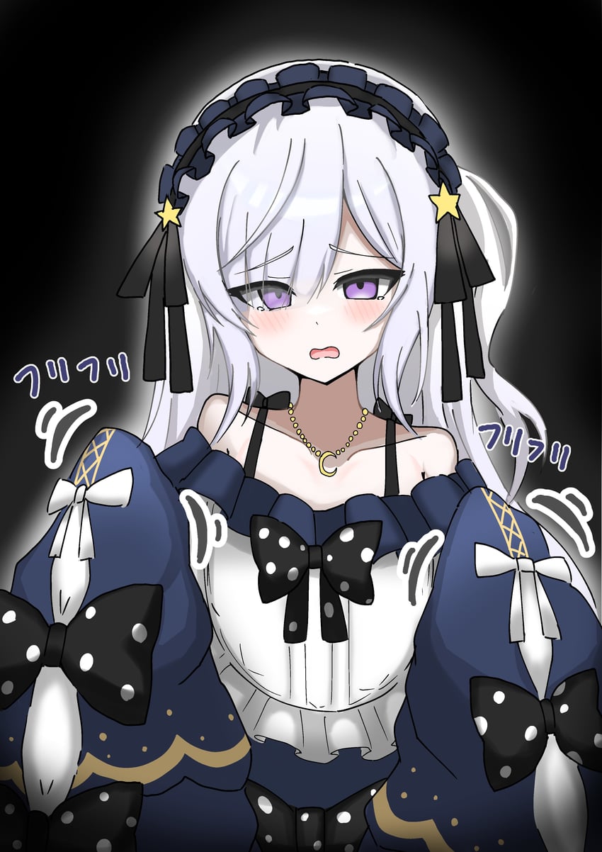 魔法少女的小镇审判、夏目安安 露肩 黑色背景 蓝色发带 蝴蝶结 新月