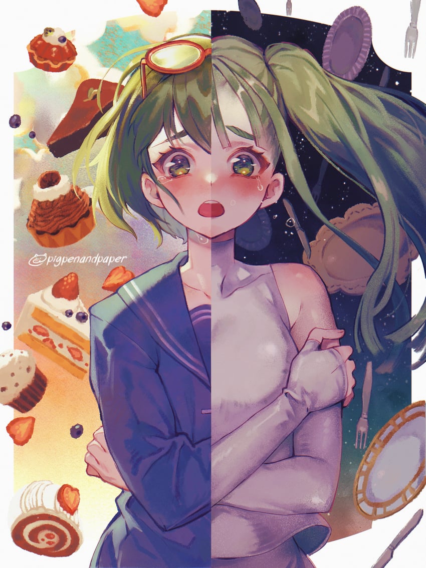 VOCALOID、胆小鬼蒙布朗 (Vocaloid)、GUMI 2名女孩 露肩 蓝色水手领 蓝色衬衫 蓝裙子