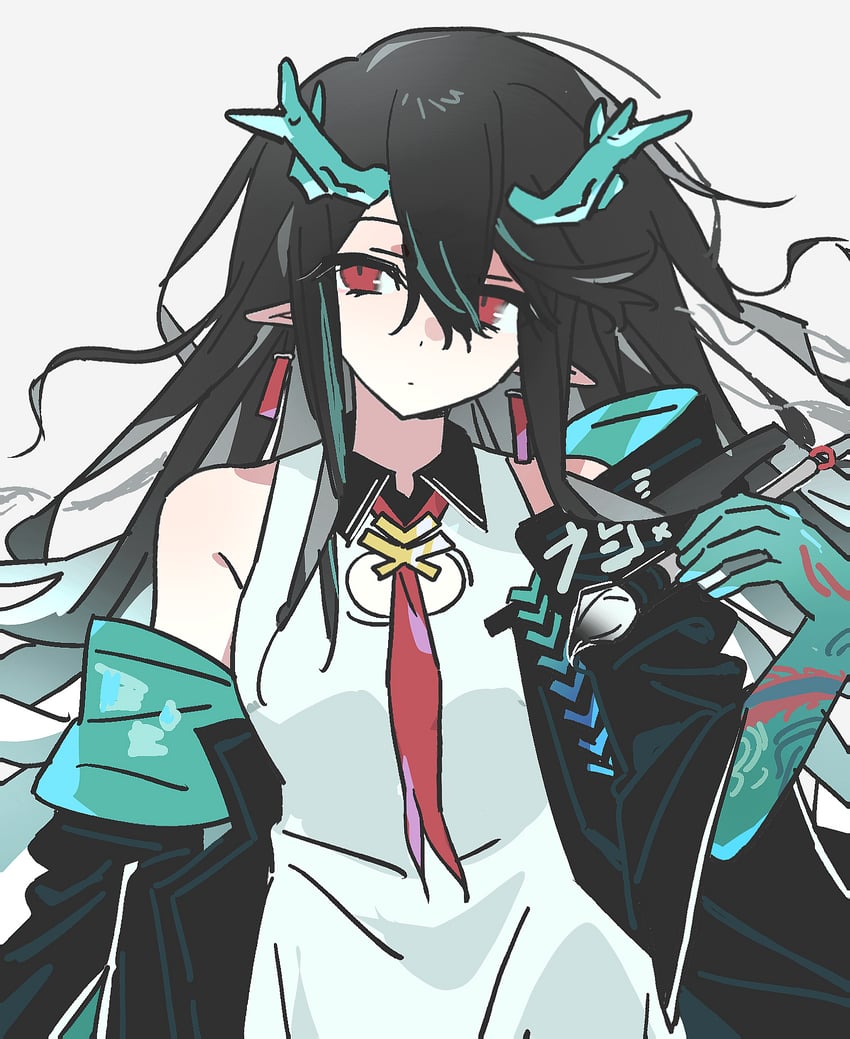 明日方舟、夕 (明日方舟) 1名女孩 露肩 黑发 黑色夹克 闭嘴
