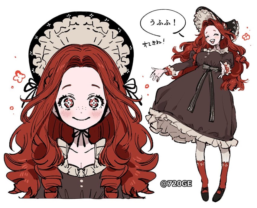 原创 1名女孩 软帽 棕色连衣裙 版权名 垂帘发型