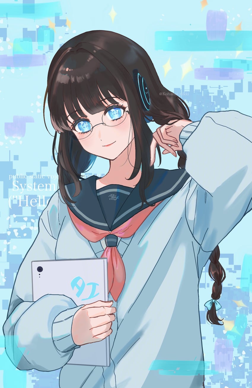 暖暖系列、闪耀暖暖、暖暖（闪耀暖暖） 1名女孩 戴眼镜的 黑框眼镜 蓝色背景 蓝色蝴蝶结