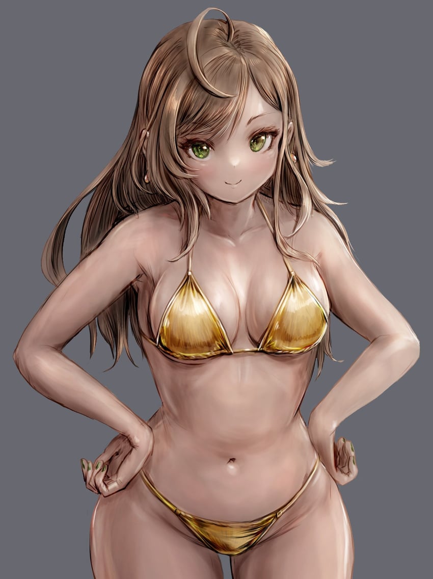 二次元插画 1名女孩 呆毛 比基尼 乳房 棕发