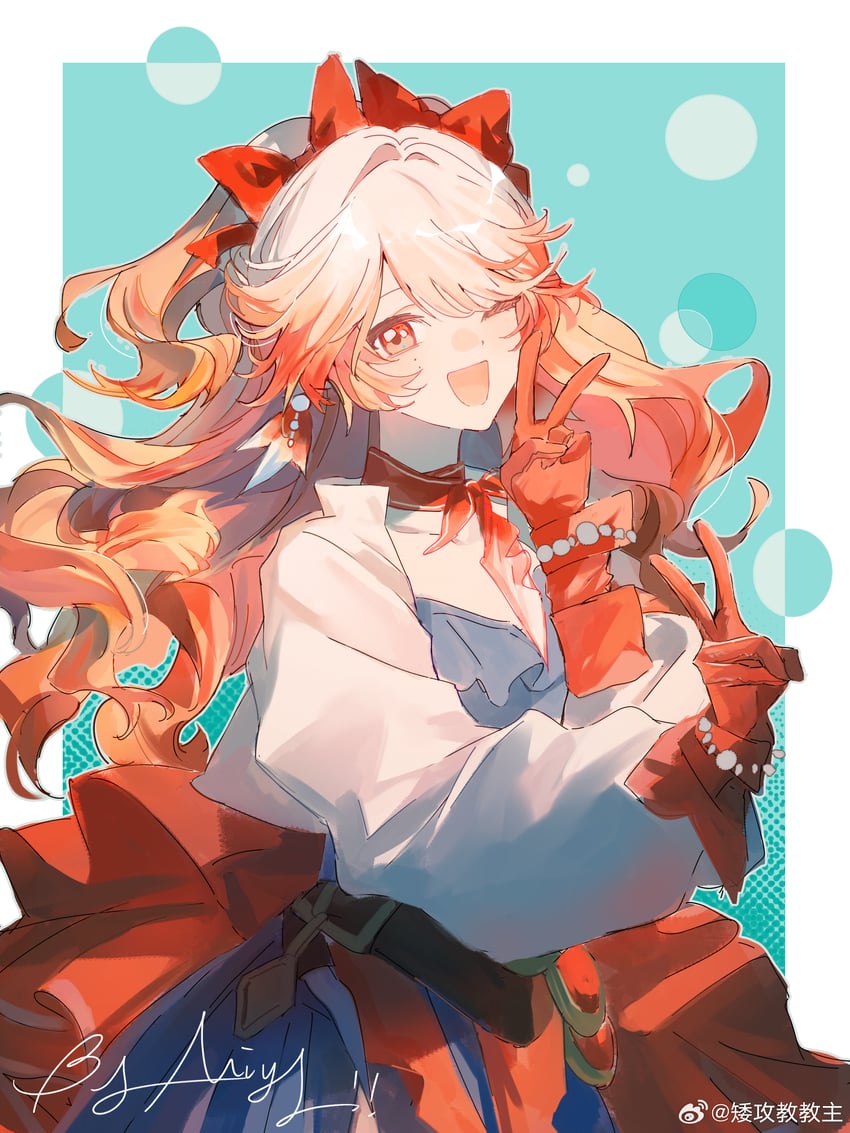 明日方舟、榛果 (明日方舟) 1名女孩 蓝色背景 蓝色连衣裙 边框 蝴蝶结