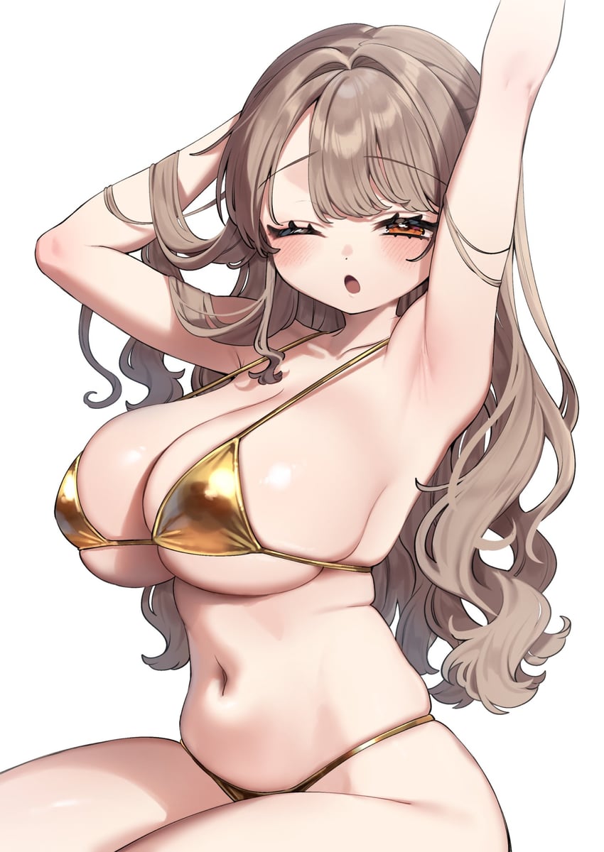 Q版巨乳、木灵沙和 (樱雪) 1名女孩 腋下 举起双手 比基尼 脸红