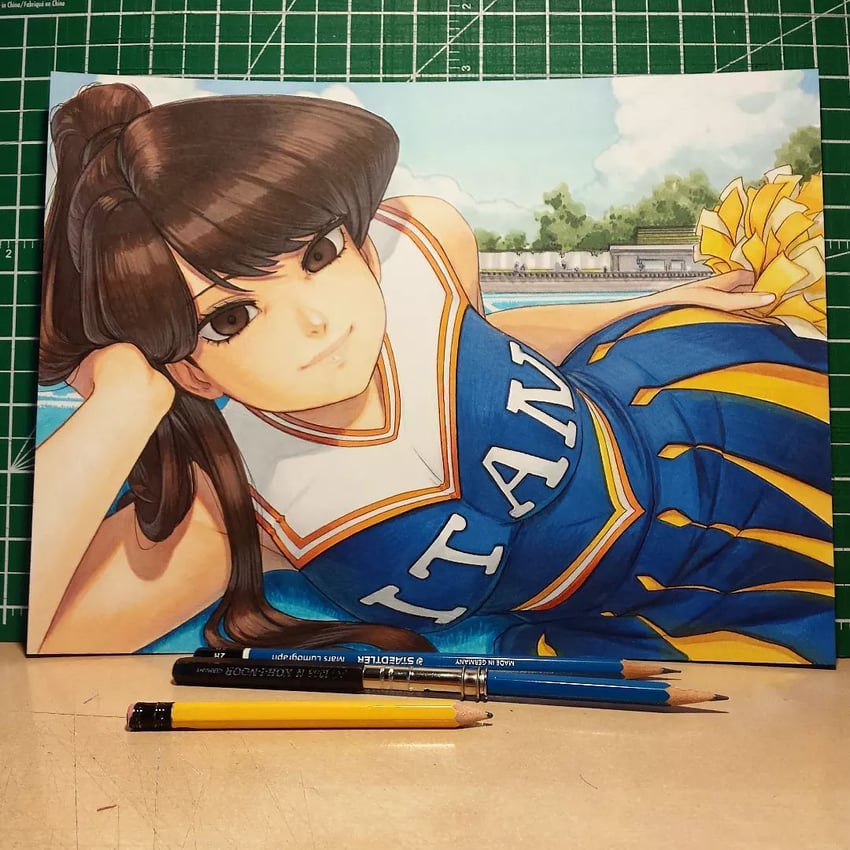 古见同学有交流障碍症、古见硝子 1名女孩 画面内含画具 蓝色连衣裙 蓝天 乳房