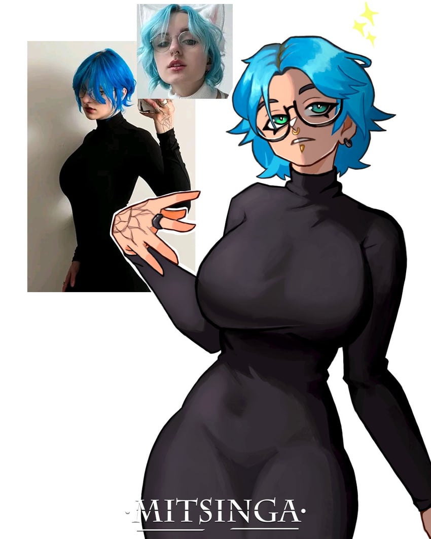 现实生活、lyra crow 水色瞳 黑色连衣裙 蓝发 乳房 遮盖肚脐