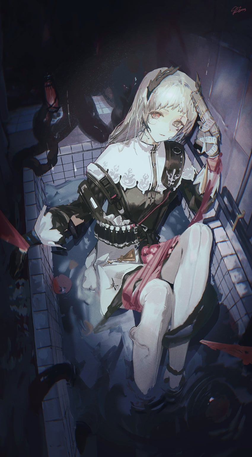 明日方舟、艾丽妮 (明日方舟) 1名女孩 弹药带 浴缸 黑色手套 黑色夹克