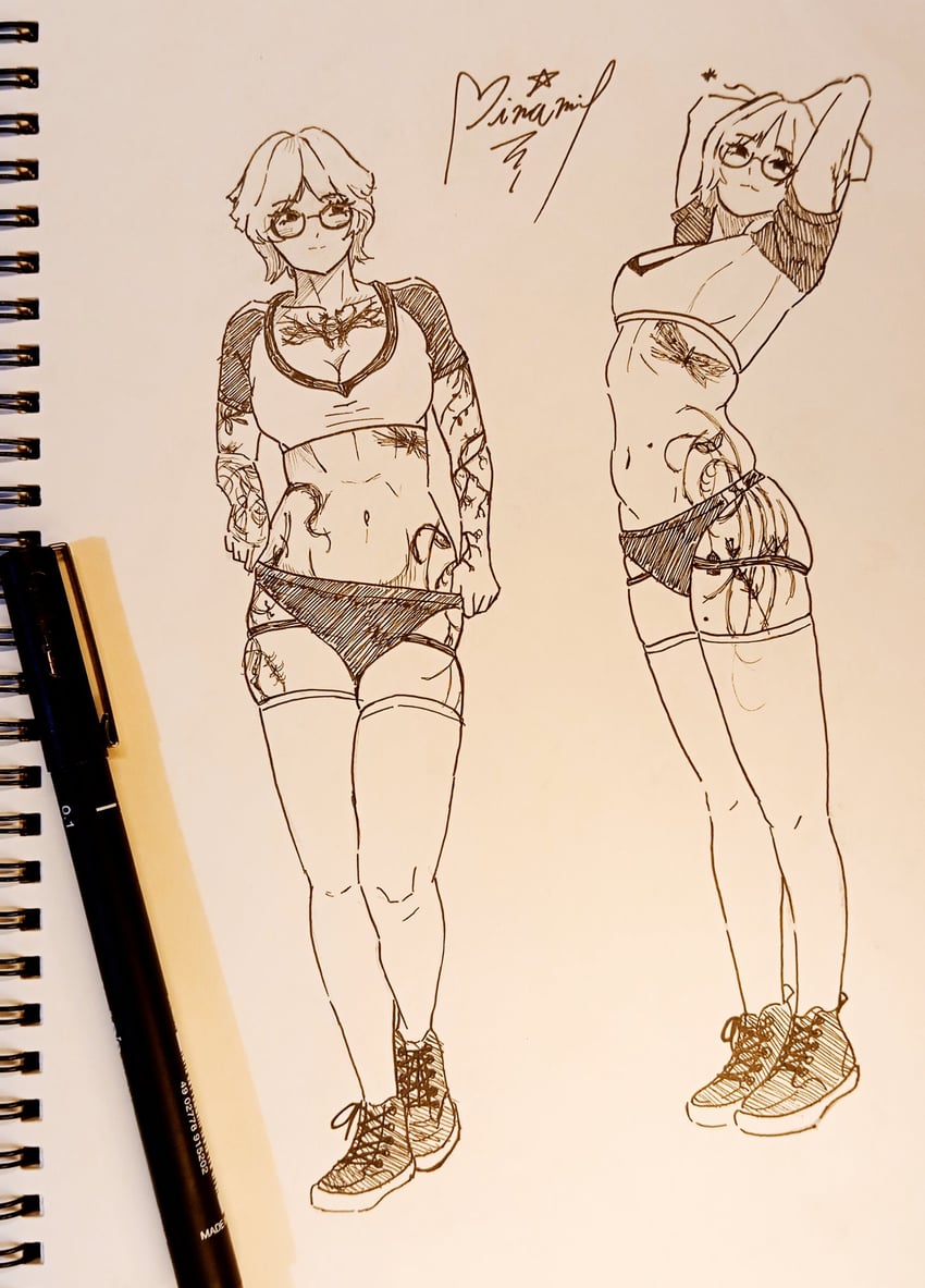 现实生活、lyra crow 1名女孩 手臂纹身 双手抱头 黑色内裤 乳房