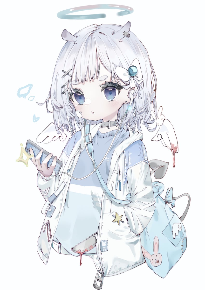 原创 1名女孩 包 蓝眼 蓝色衬衫 蝴蝶结