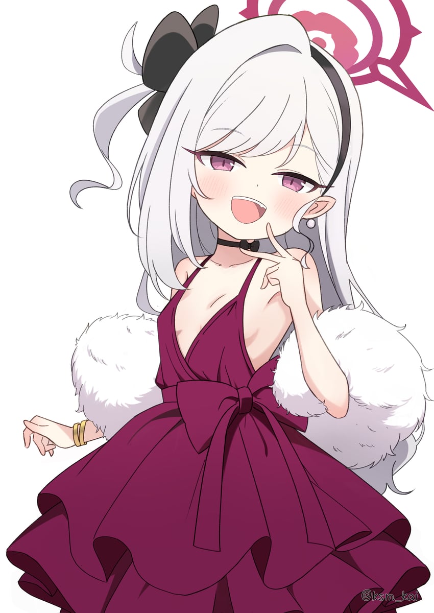 蔚蓝档案、睦月 (蔚蓝档案)、浅黄睦月 (礼服) (蔚蓝档案) 1名女孩 脸红 手链 乳房 连衣裙