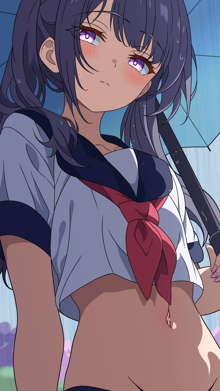 原创 1名女孩 蓝色水手领 脸红 闭嘴 腹股沟