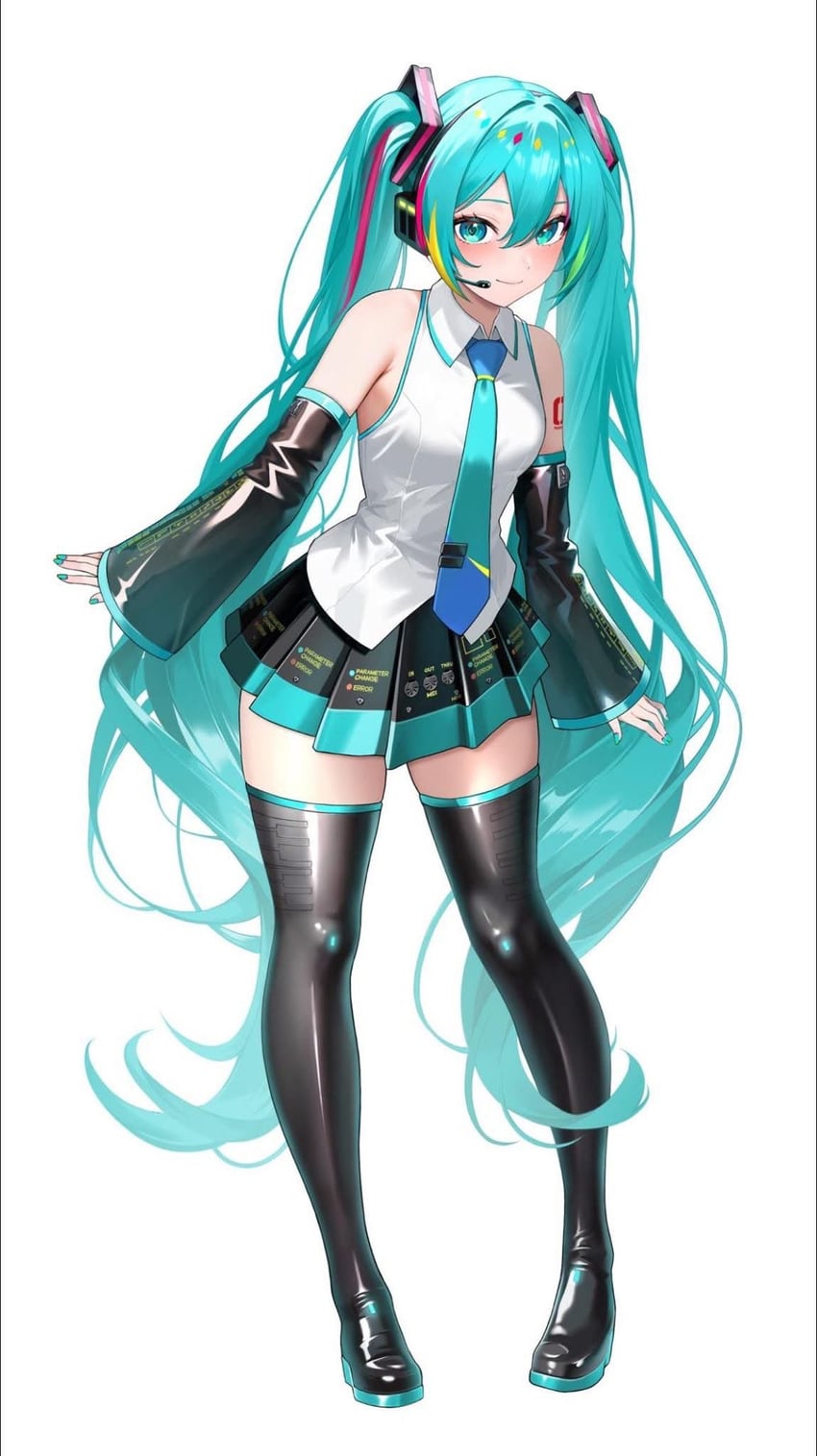 VOCALOID、初音未来 1名女孩 水色瞳 水色发 黑色靴子 黑色裙子