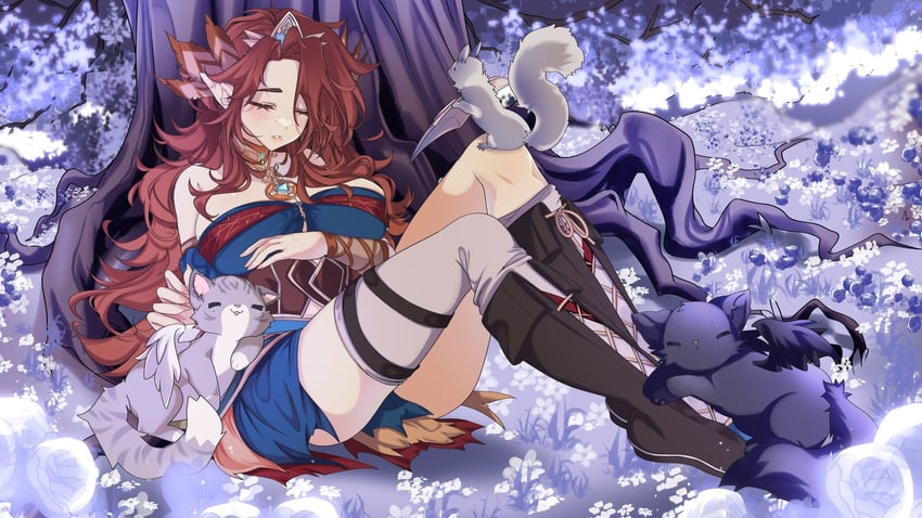 迈索斯（虚拟主播）、freyja valdis 1名女孩 靠在树上 动物 黑色靴子 靴子