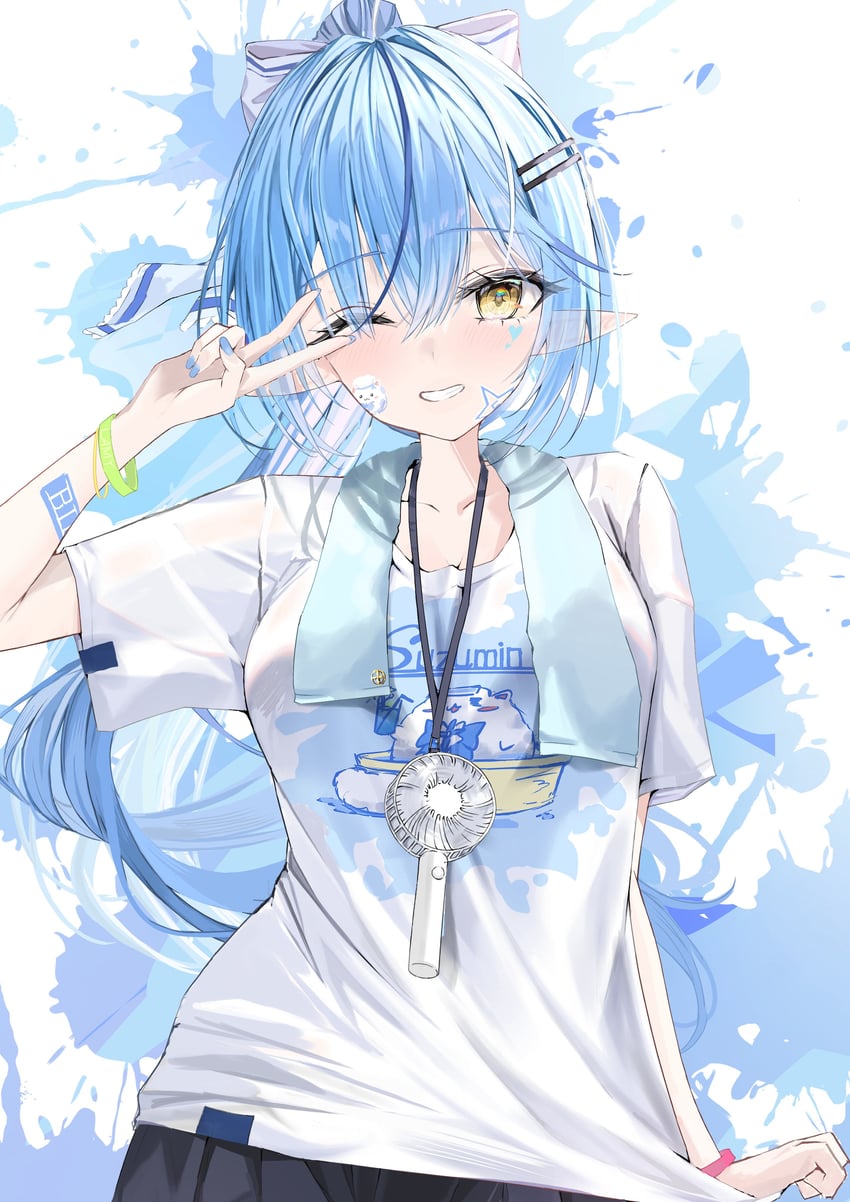 Hololive、雪花拉米 1名女孩 黑色裙子 蓝色背景 蓝发 脸红