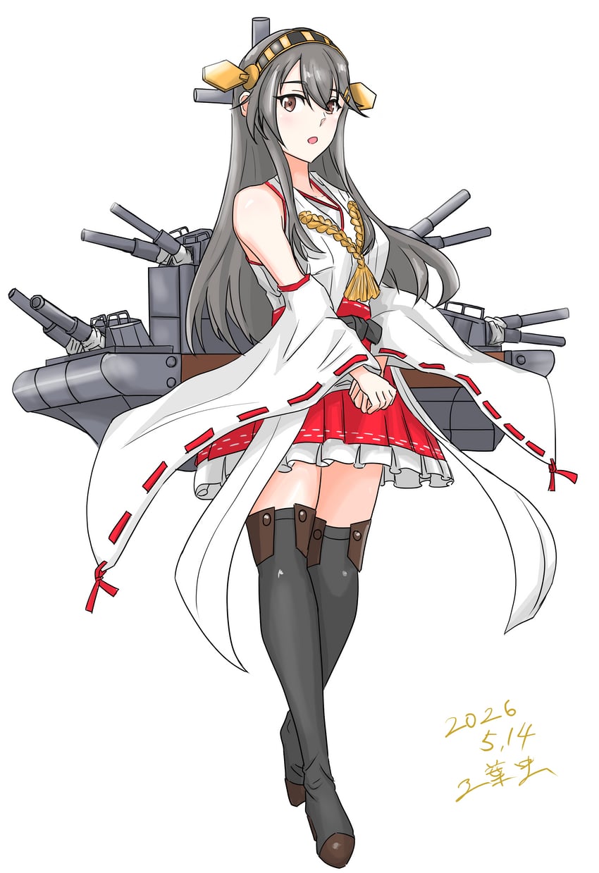 舰队Collection、榛名 (舰队Collection) 1名女孩 靴子 棕眼睛 大炮 服装镂空