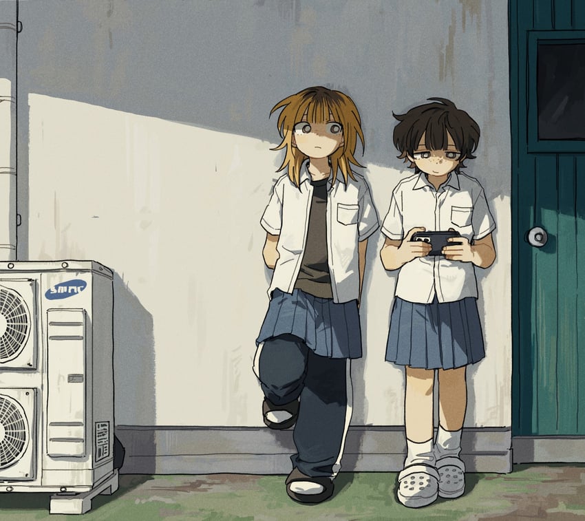 原创 2名女孩 空调 双手背在身后 黑发 黑衬衫