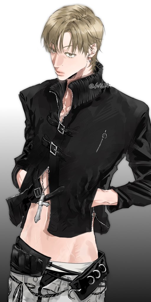 原创 1名男孩 腰带 黑色皮带 黑色夹克 金发