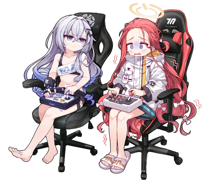 蔚蓝档案、崩坏：星穹铁道、崩坏系列 2名女孩 @_@ 幼化 街机摇杆 赤脚