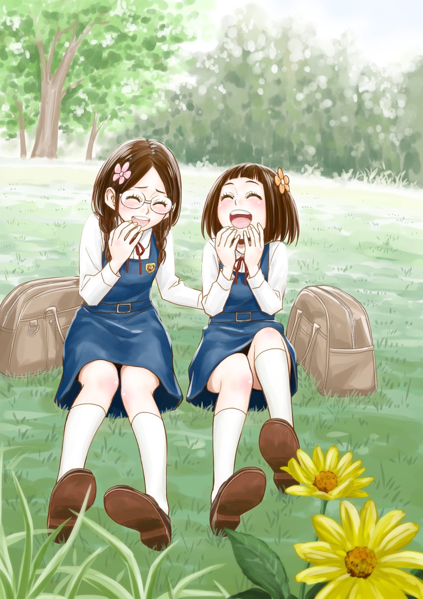 hanakaku 2名女孩 包 棕发 棕色鞋子 闭眼