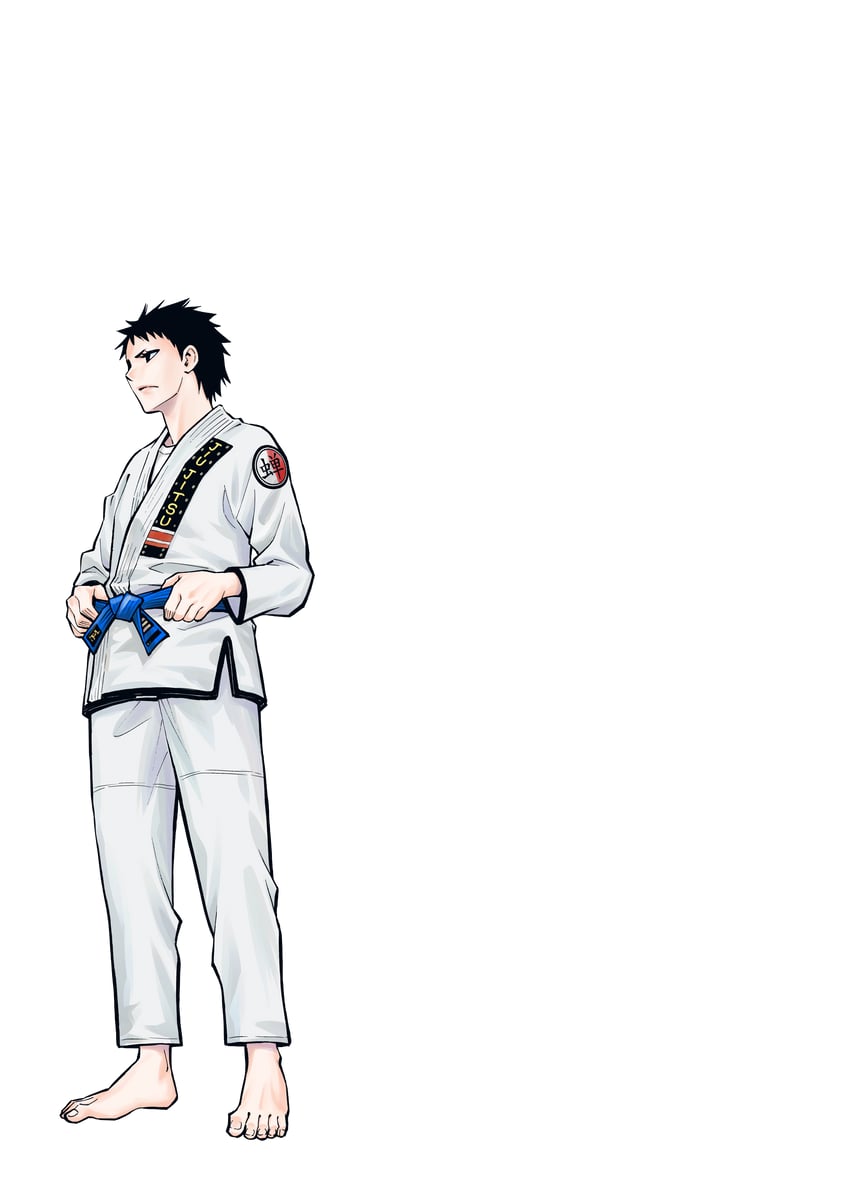 hanakaku 赤脚 腰带 黑瞳 黑发 蓝色皮带