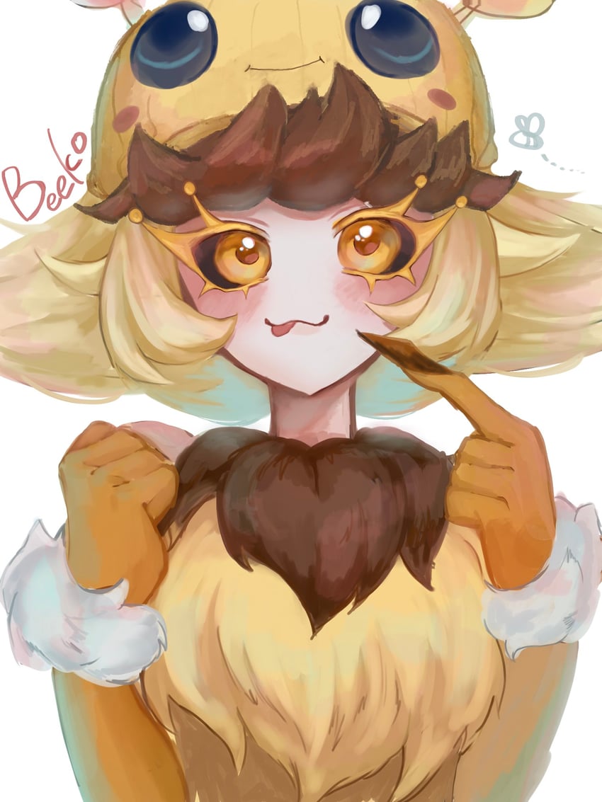 英雄联盟、beeko (league of legends)、妮蔻 (英雄联盟) 1名女孩 猫脸笑 :p 蜜蜂帽子 黑色巩膜